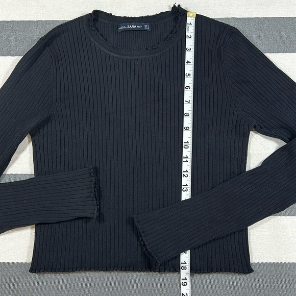 ZARA Womens Black Ribbed Knit Crop Top Long Sleeve Lettuce Hem Stretch S - Picture 6 of 10